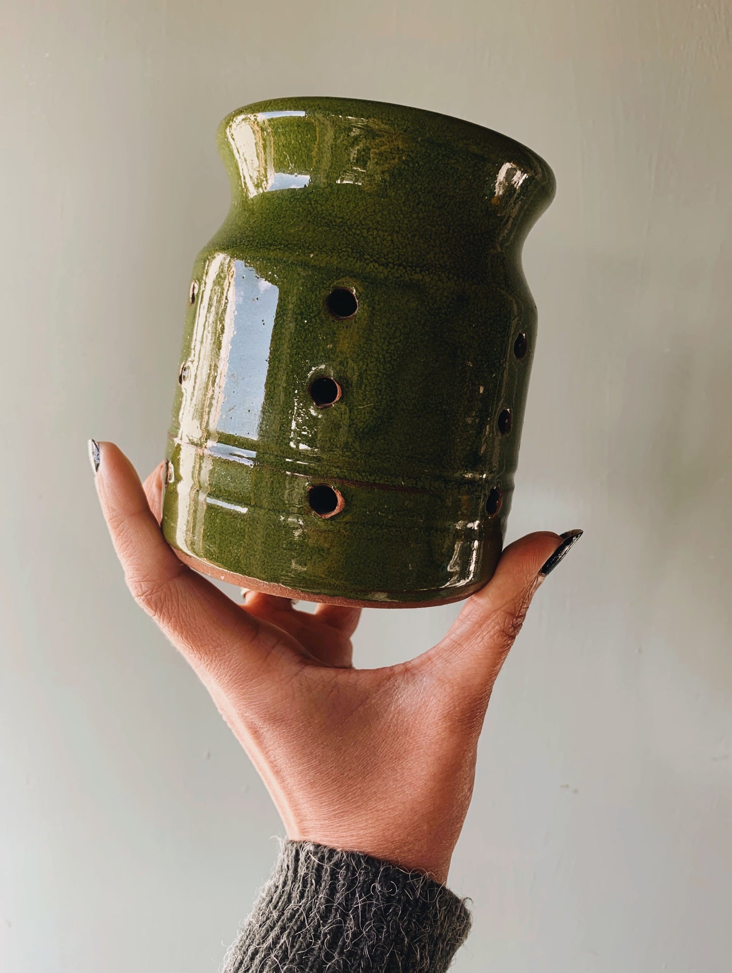 Rustic Hand~thrown Green Glazed Holder (tea light)