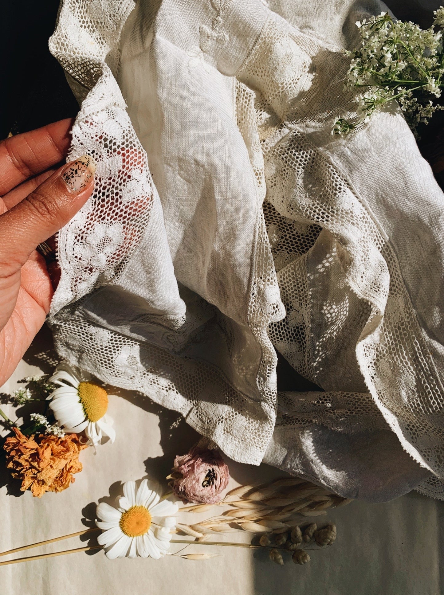 Antique White French Linen with Lace Detailing