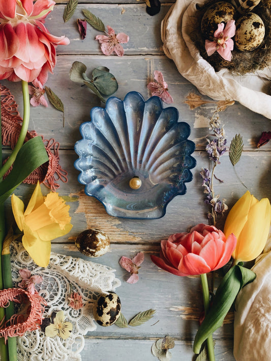 Blue Shell Glass Trinket Dish