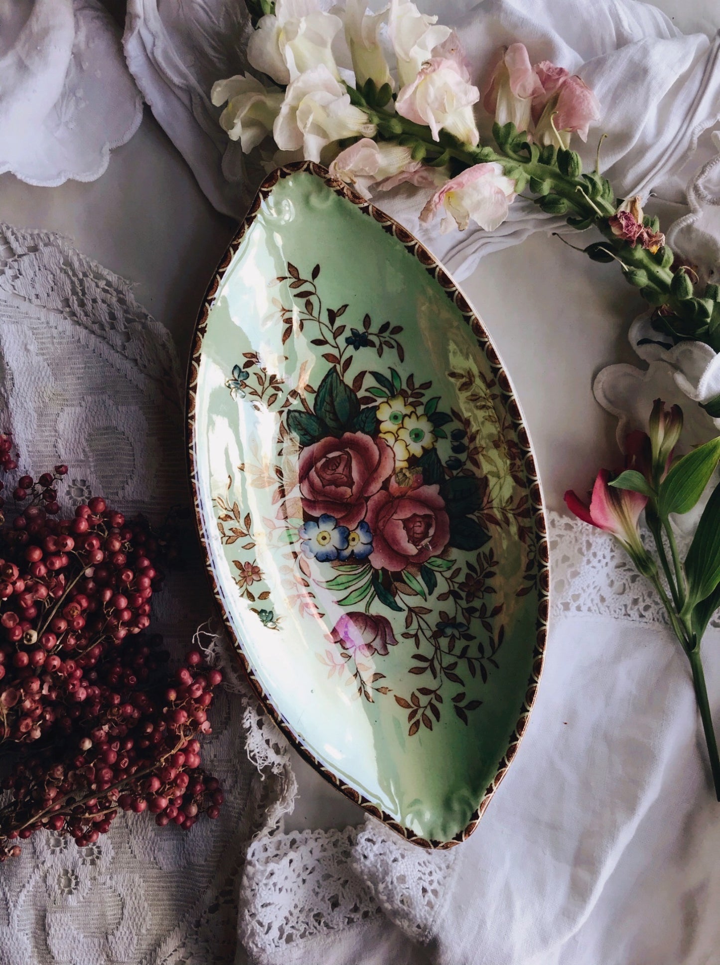 Vintage Rose Decorative Green Dish