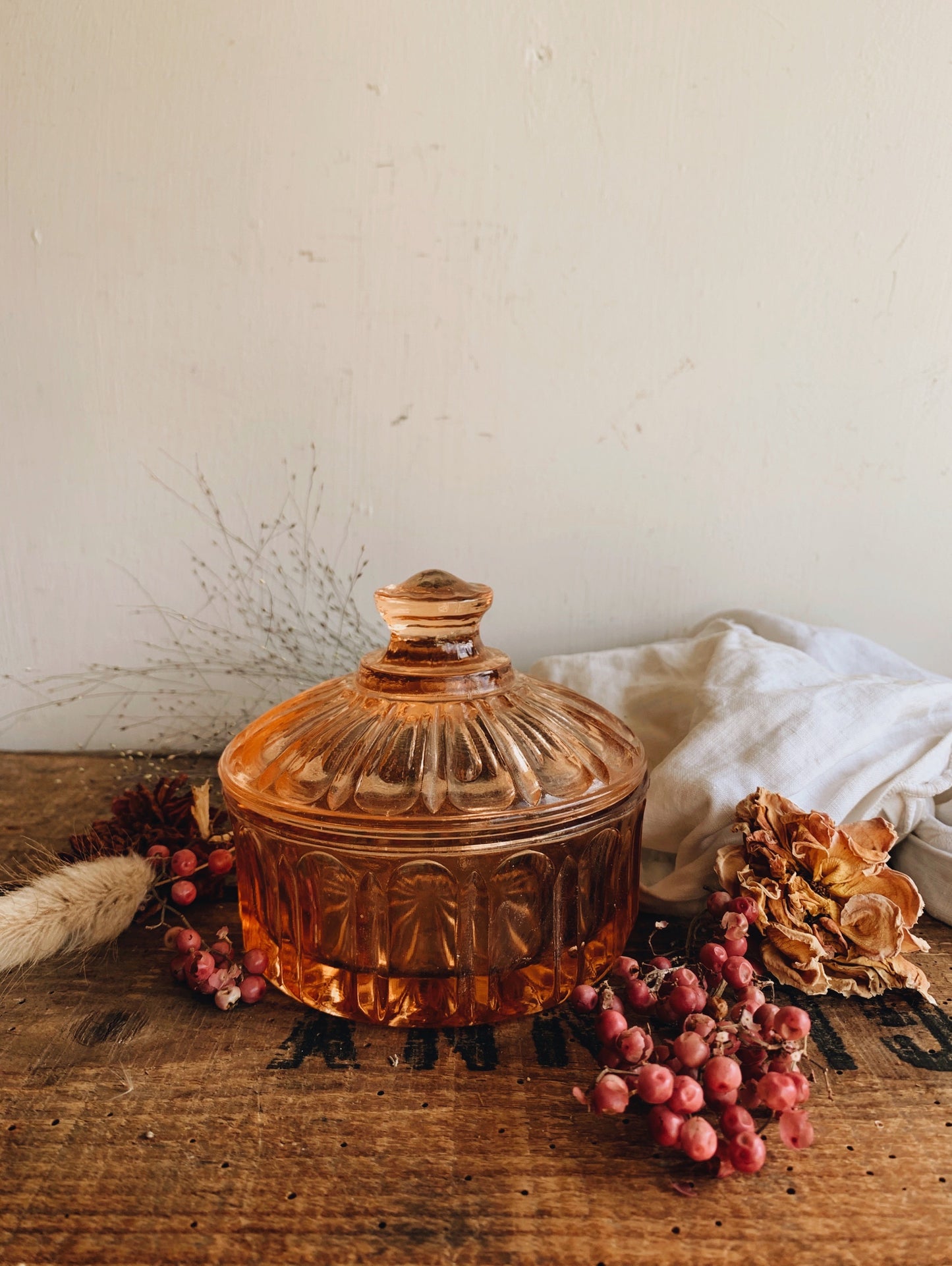 Vintage Peach Glass Vanity Pot with Lid