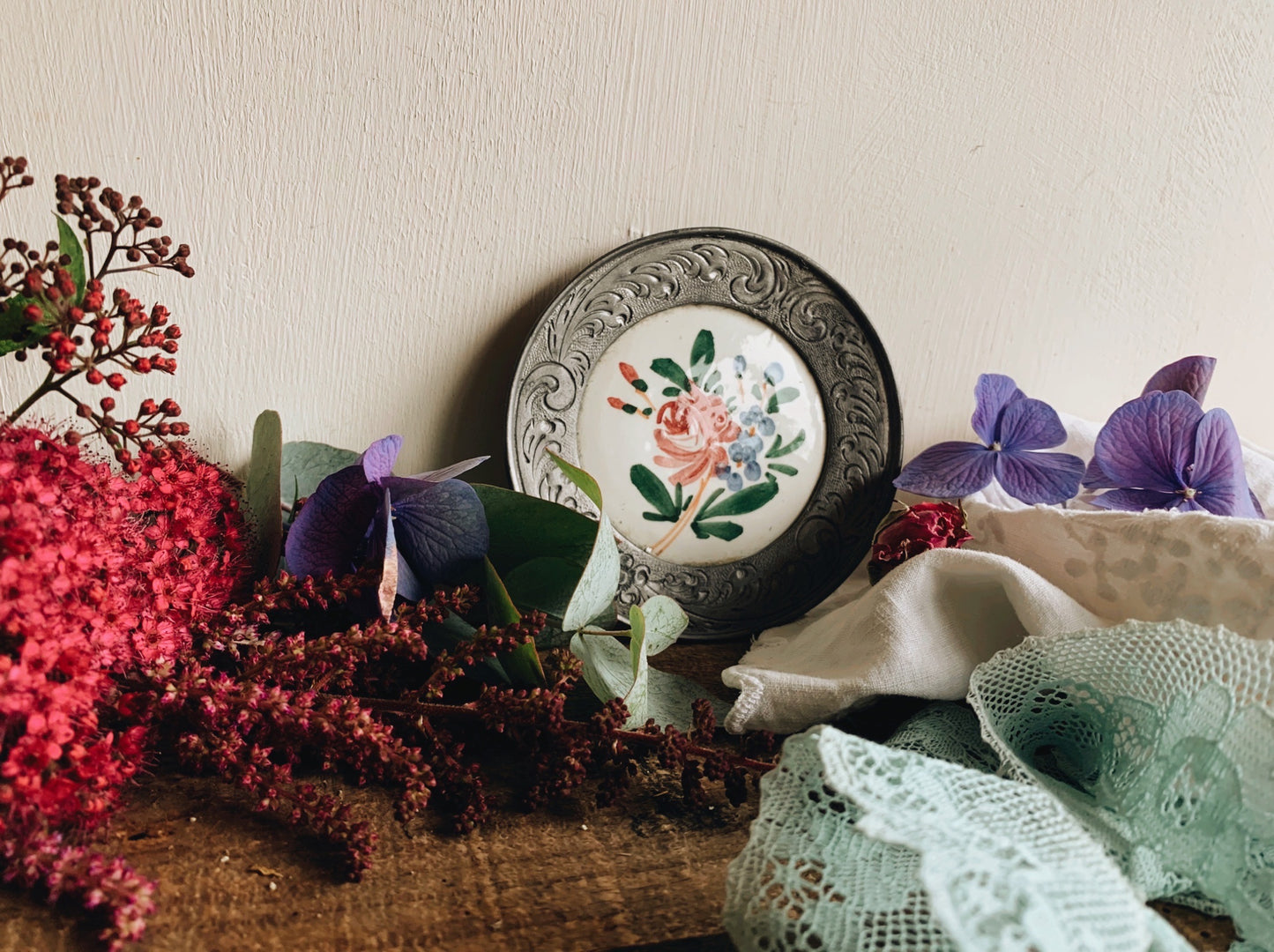 Vintage Decorative Pewter Floral Ceramic Hanging Plate