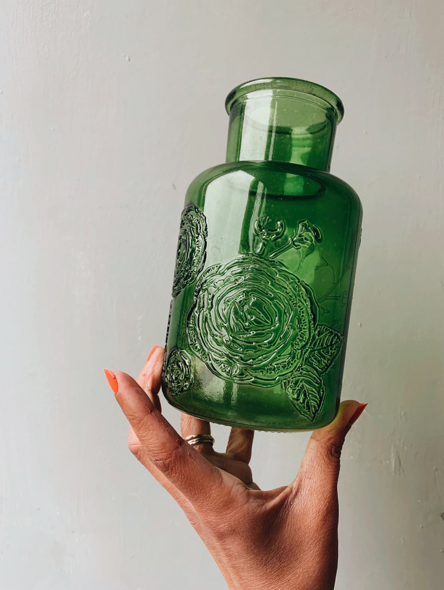 Large Vintage Green Floral Relief Bottle