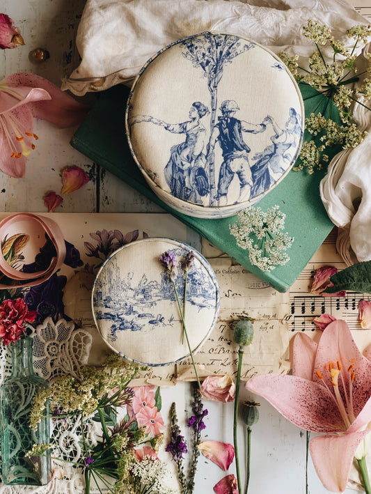 Two Blue & White Whimsy Narrative Fabric Storage Pots