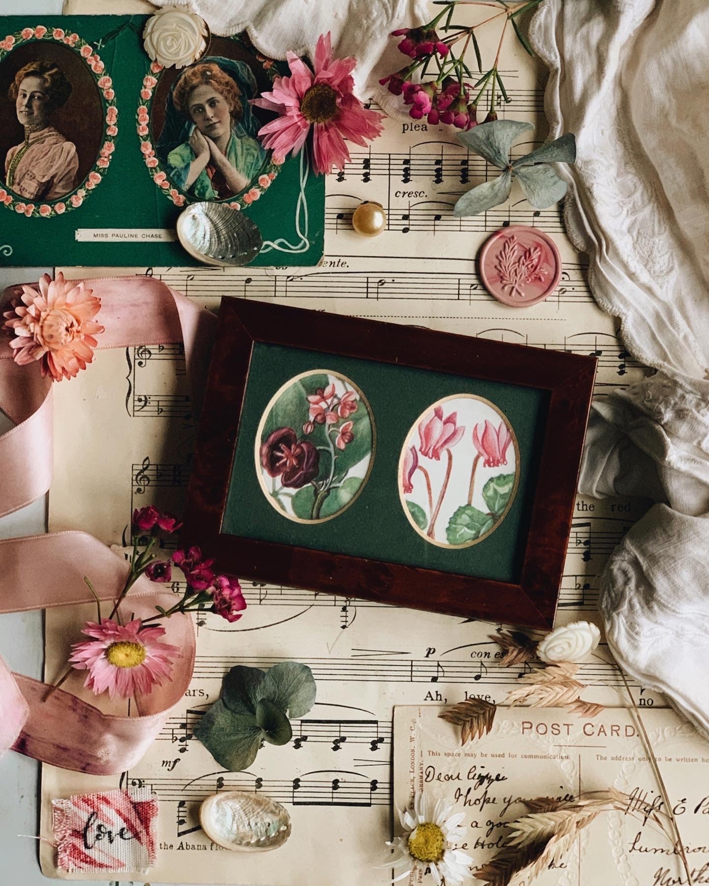 Vintage Wooden Double Framed with Two 1960’s Floral Bookplates