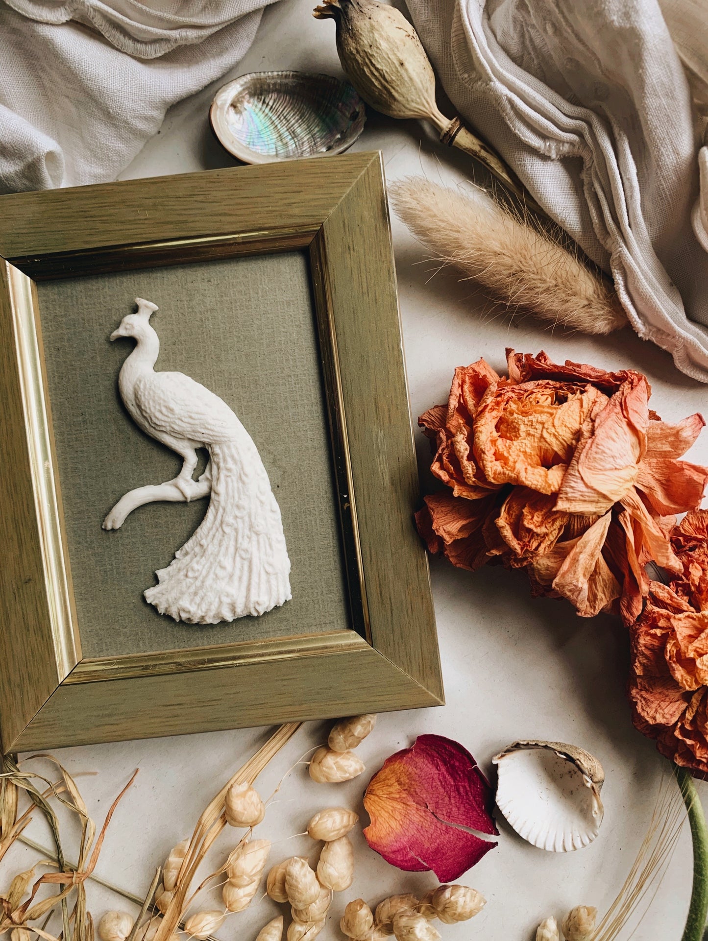 Antique Porcelain Peacock Relief in Frame