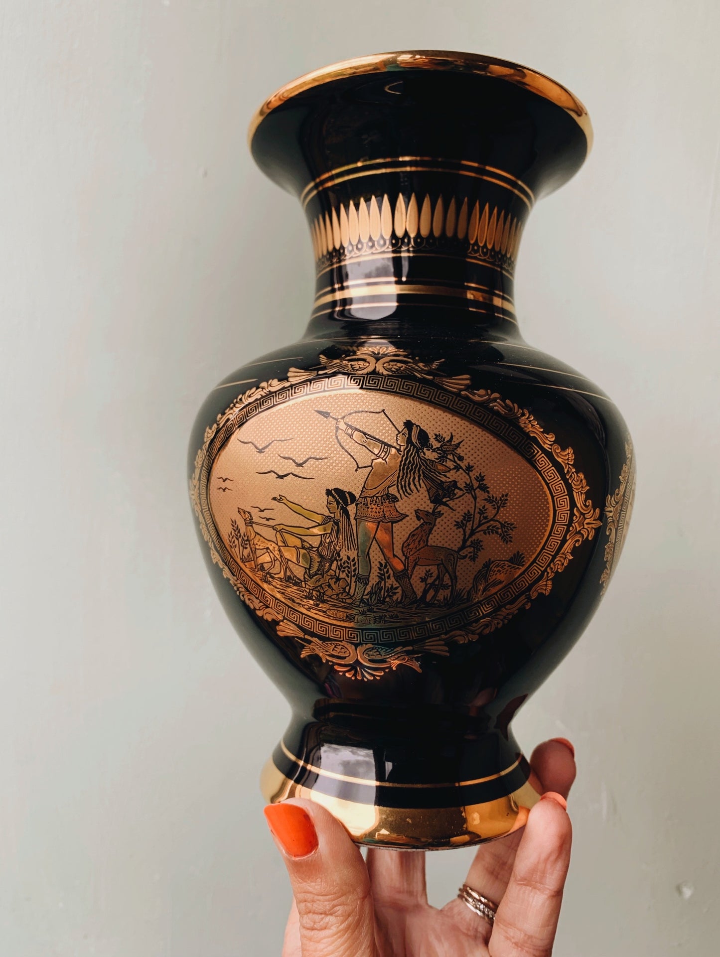 Vintage Grecian Gold & Black Narrative Vase