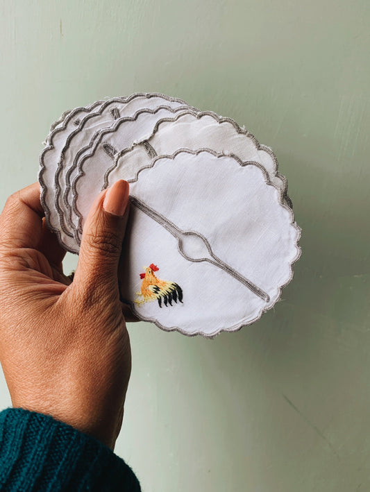 Vintage Chicken Embroidery Linen Coasters