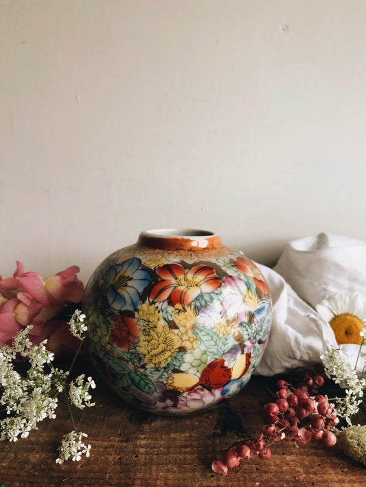 Vintage Hand~painted Floral Ginger Jar
