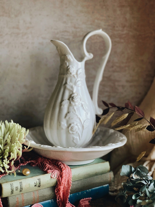 Vintage White Floral Relief Jug & Bowl