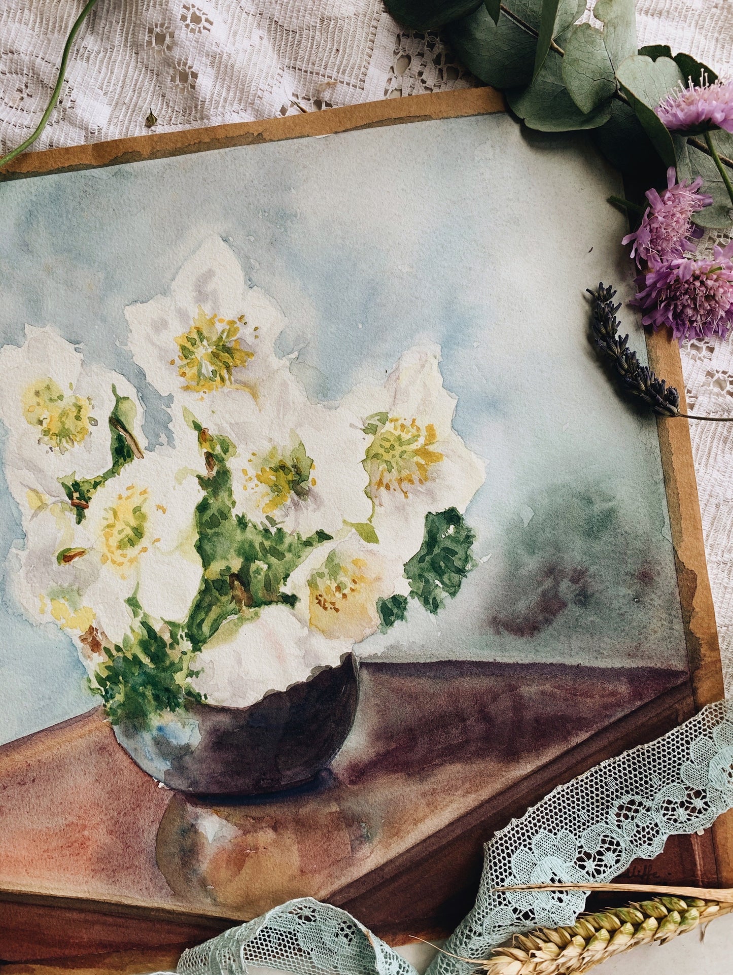 Vintage 1952 Florals in Vase Watercolour Painting