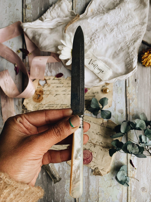 Vintage Silver Stamped Mother of Pearl Knife (letter opener)