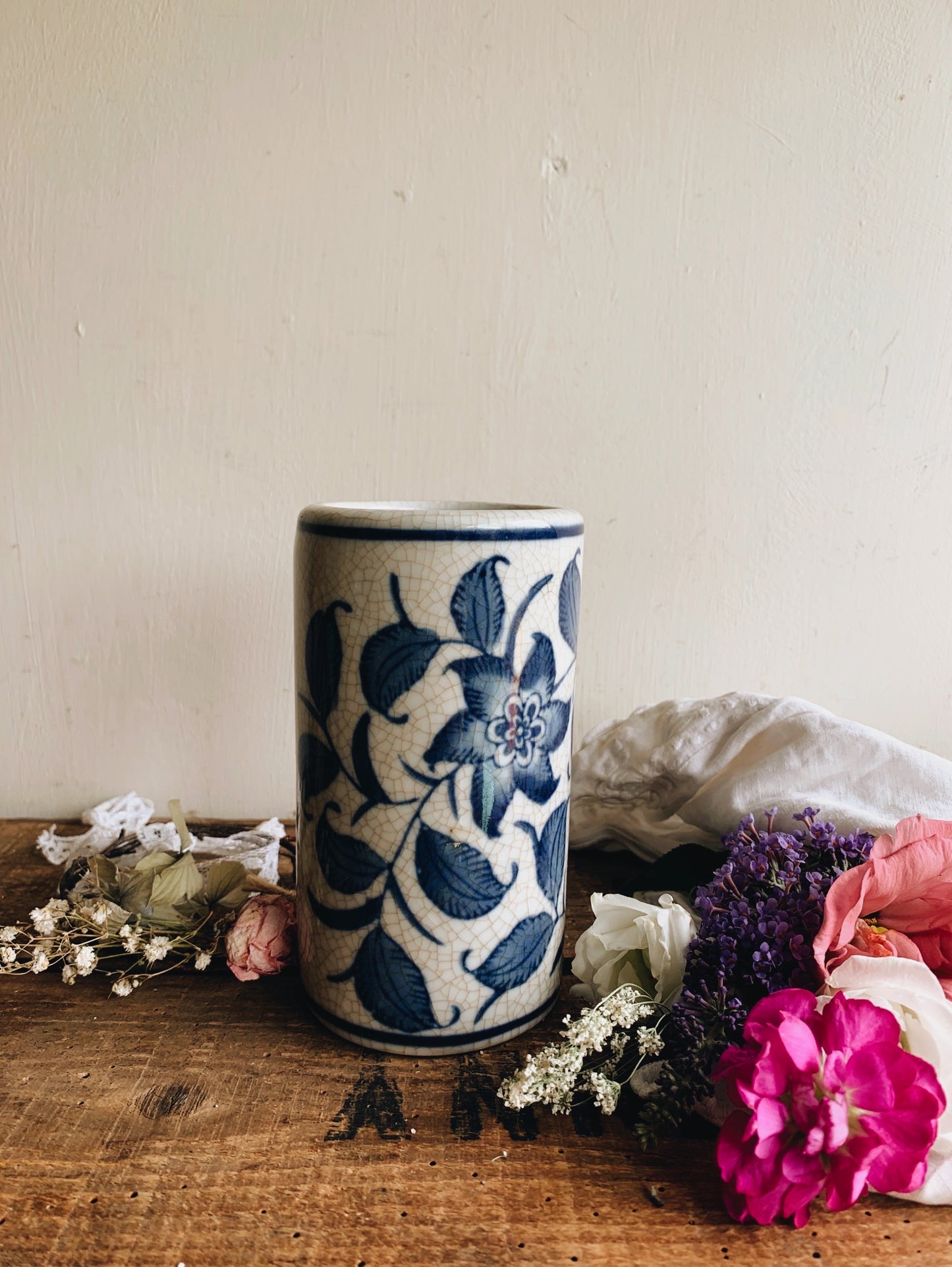 Vintage Blue Oriental Floral Vase