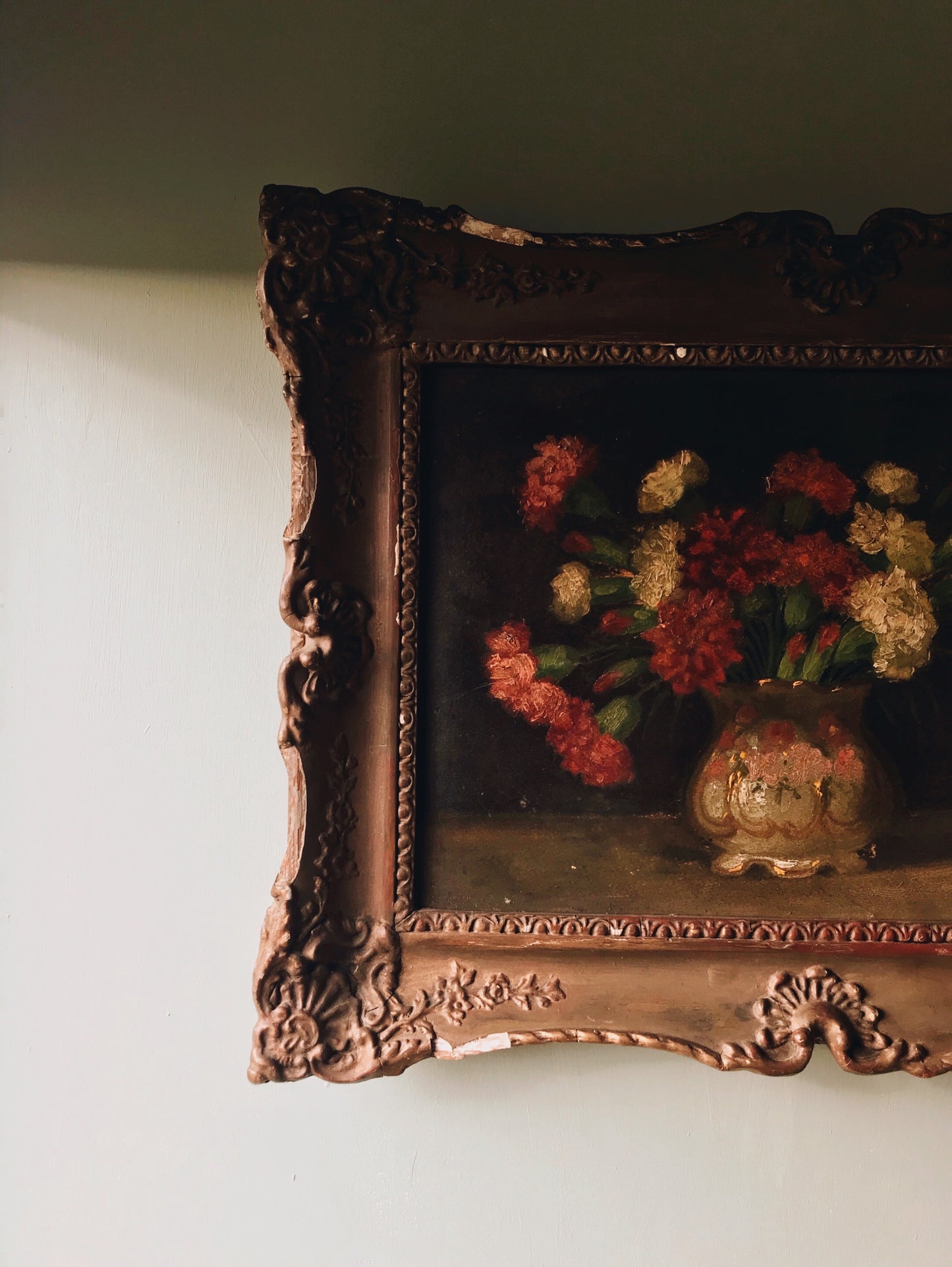 Antique Oil Painting late 18th C  ~ Flowers in Italian Rococo Decorative Vase (UK purchase & courier only) - Stone & Sage 