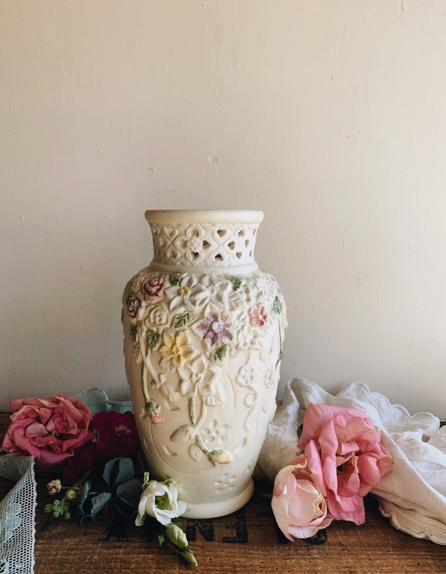 Vintage Relief Floral Ceramic Vase