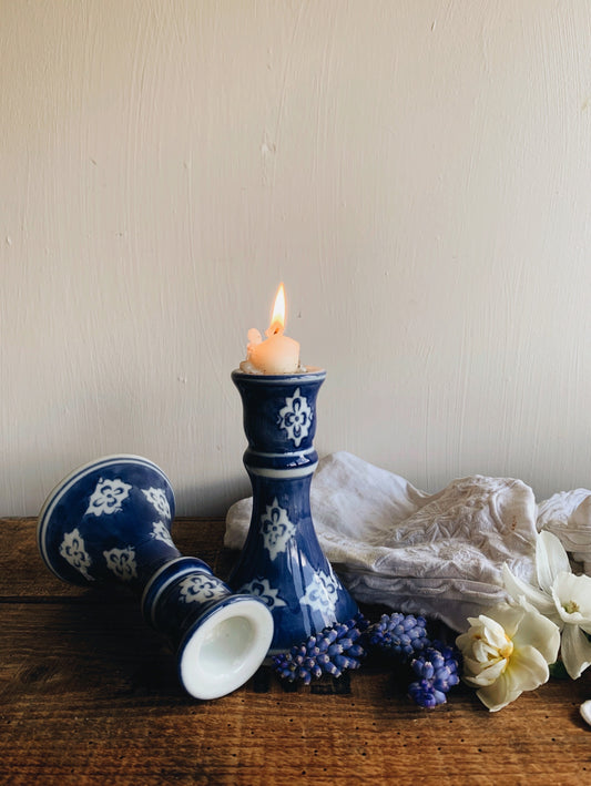 Vintage Blue & White Decorative Ceramic Candle Sticks