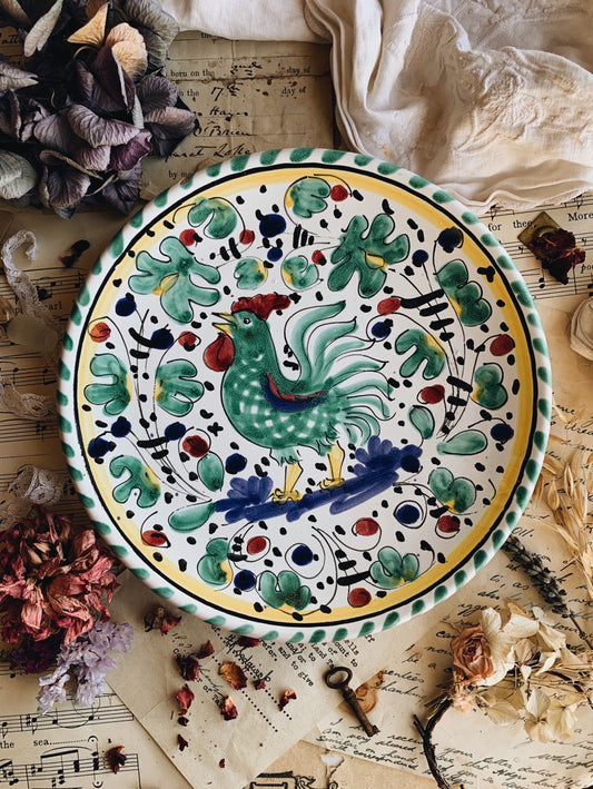 Rustic Hand~painted Floral, Decorative Cockerel Motif Plate