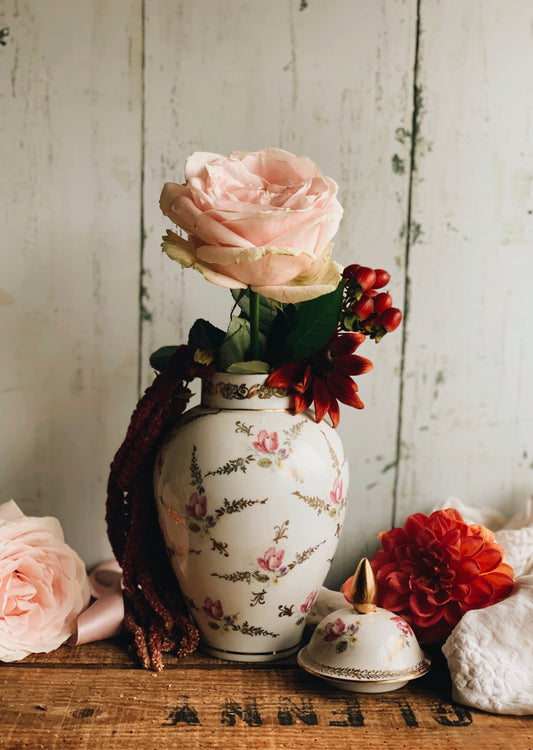 Vintage Floral Ginger Jar with Gilt Detailing