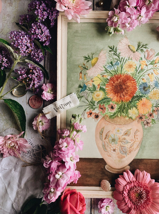 Vintage 1979 Watercolour Summer Flowers In Vase (UK SHIPPING ONLY)