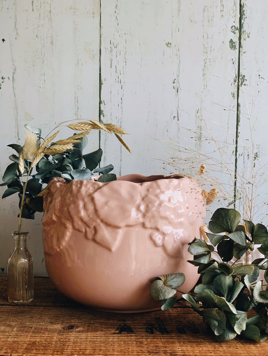 Vintage Pink Ceramic Relief Floral Planter