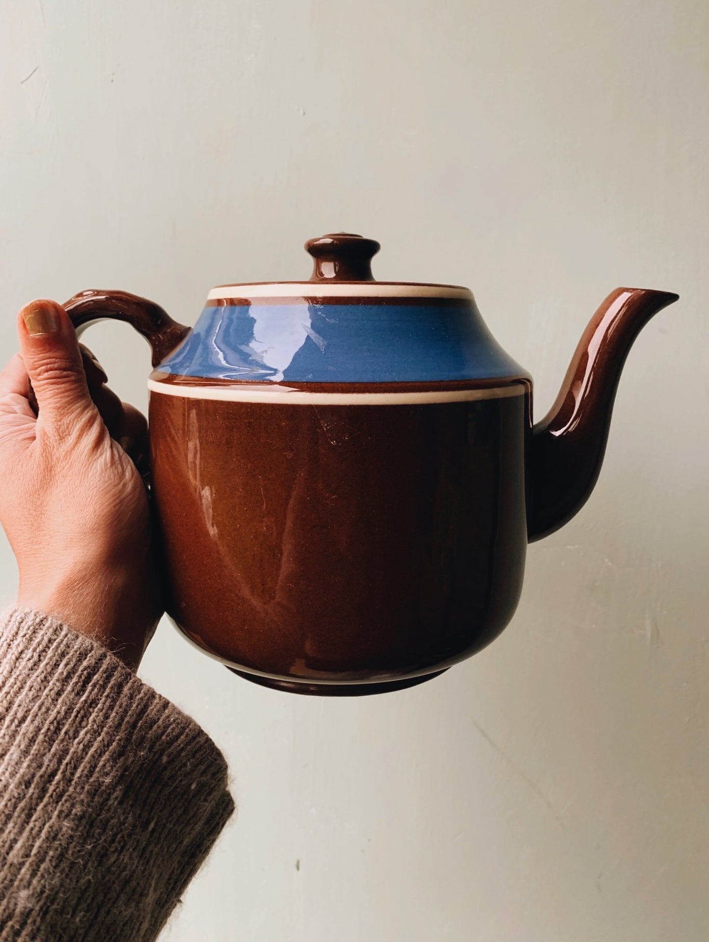 Vintage 1970’s Blue Trim Brown Betty Ceramic Teapot