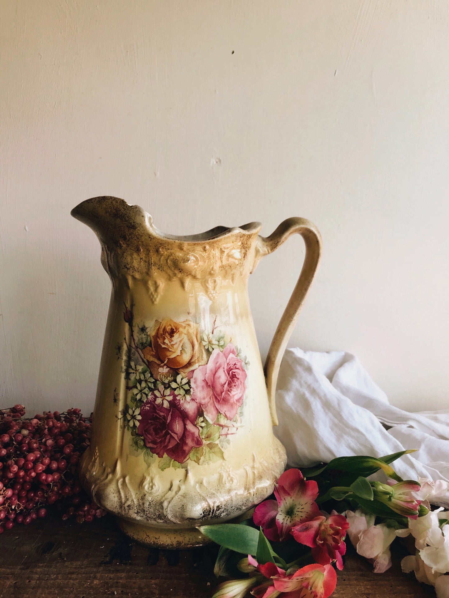 Antique Yellow Rose Rocco Vase