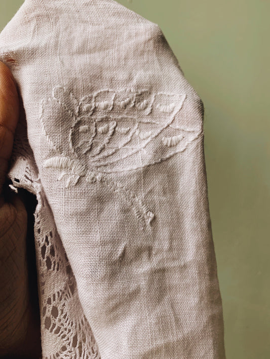 Vintage Rustic Hand Embroidery Butterfly and Floral Linen