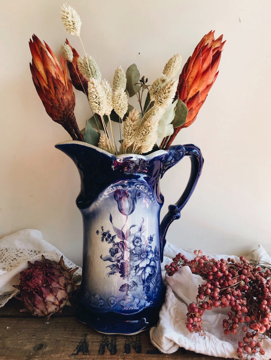 Antique Blue Roses Staffordshire Ironstone Vase / Jug