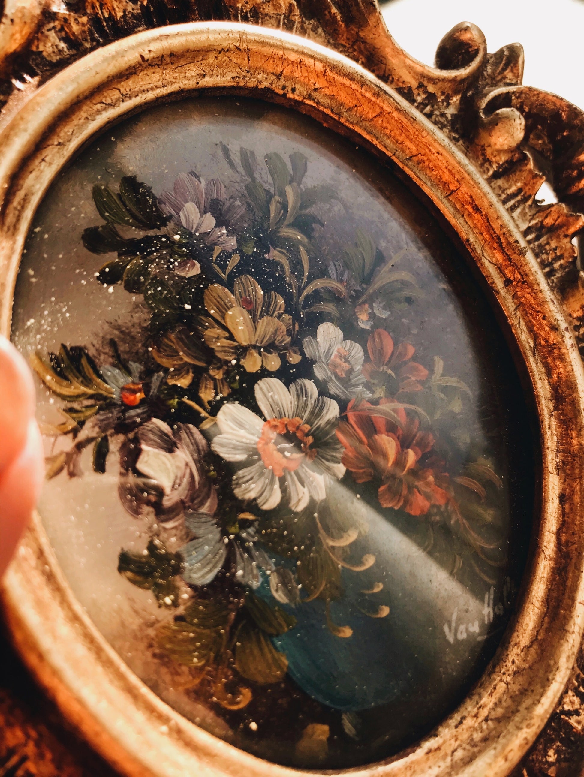 Antique French Rococo Signed Van Holt ~ Early 19th Century Floral Oil Painting - Stone & Sage 