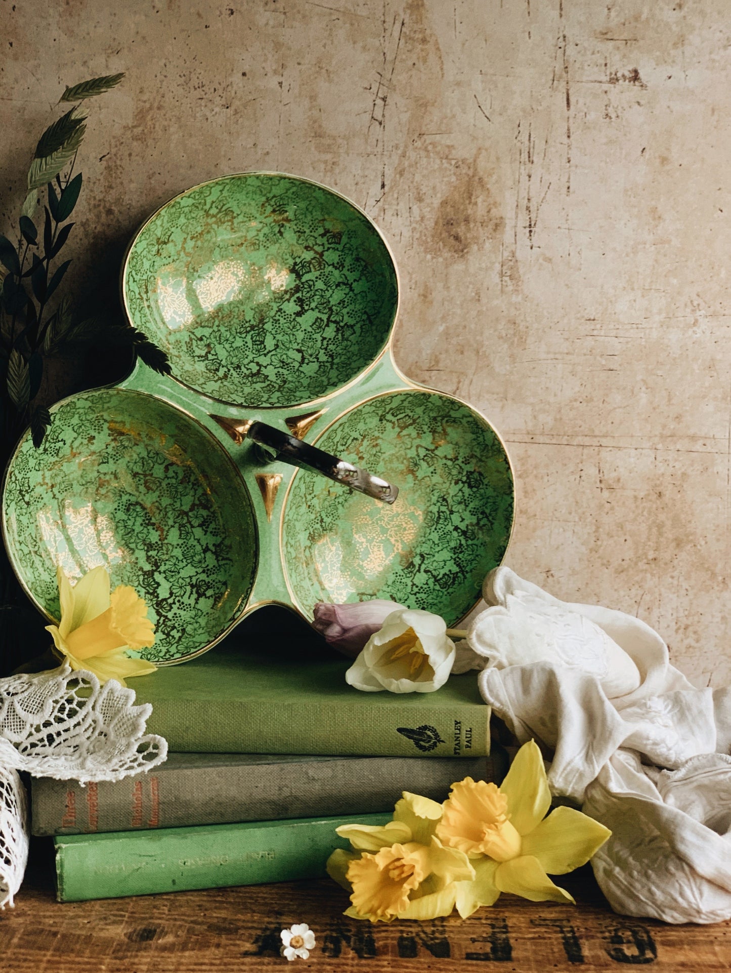Vintage Green Floral & Gilt Staffordshire Dish (UK SHIPPING)
