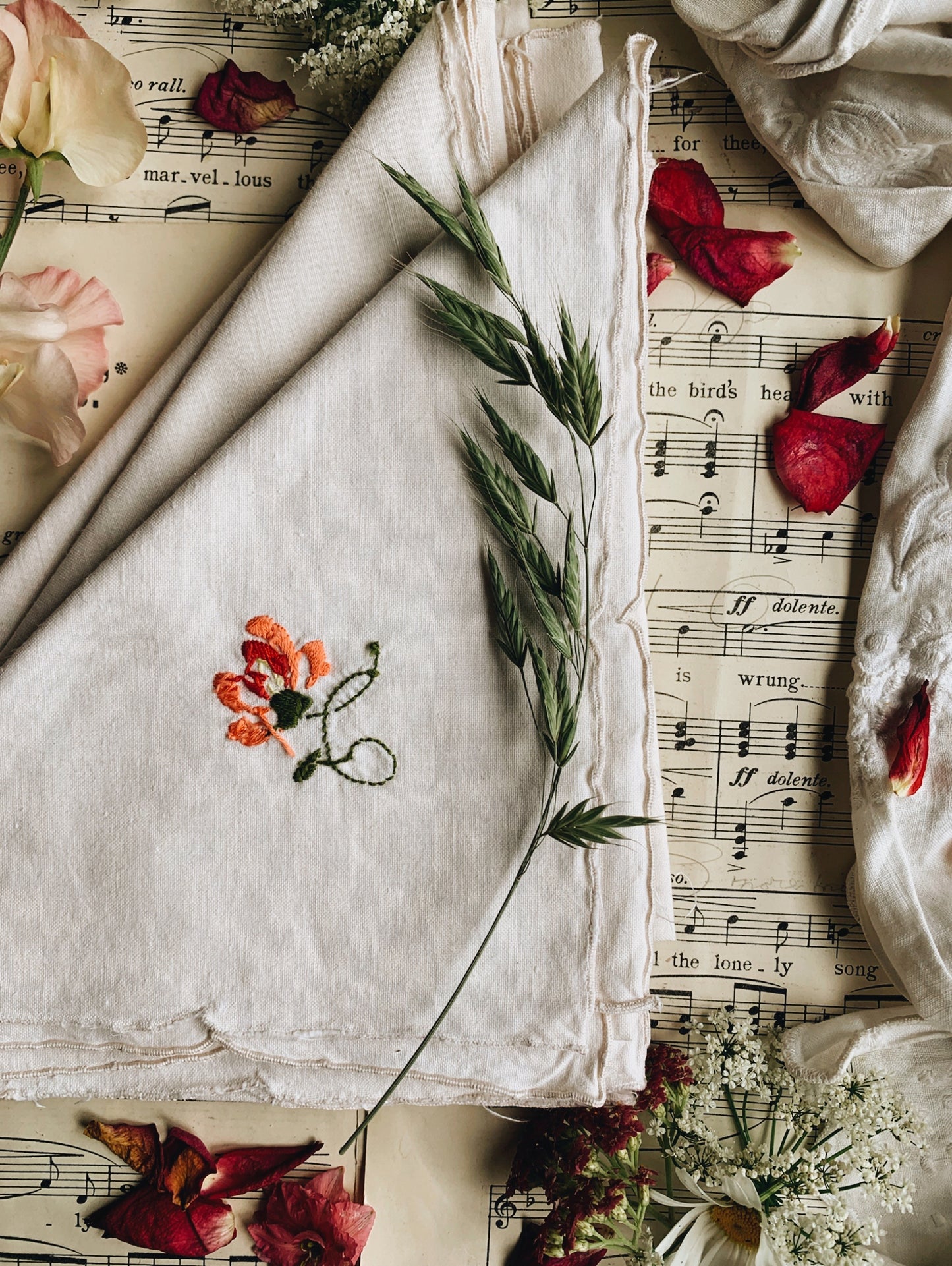 Six Vintage French Floral Hand~embroidery Napkins