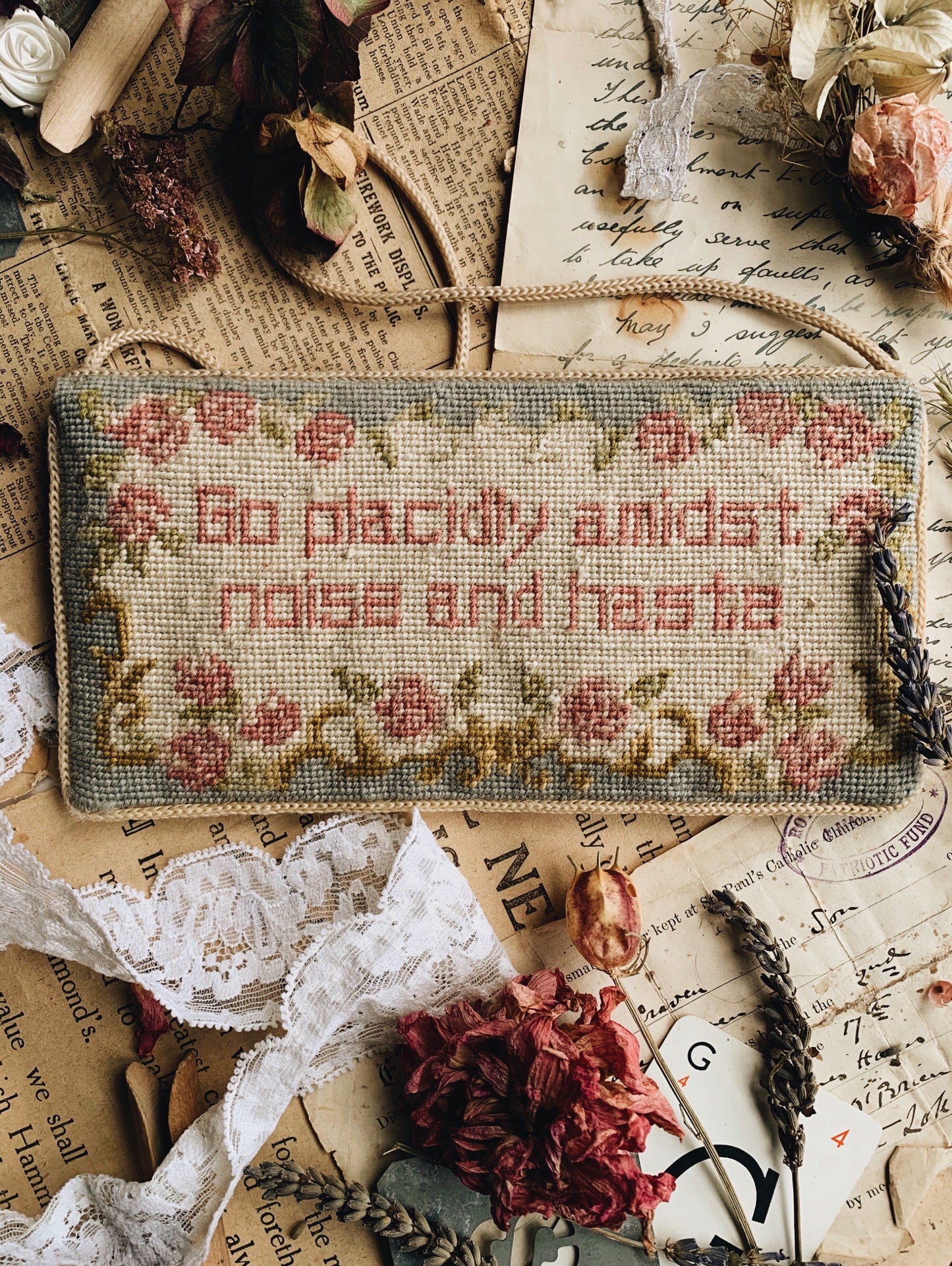 Vintage Tapestry Hanging ~  go placidly admits noise and haste
