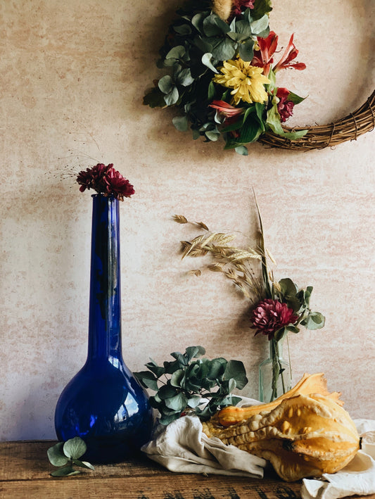 Large Mid~century Cobalt Blue Flute Glass Vase (UK SHIPPING)