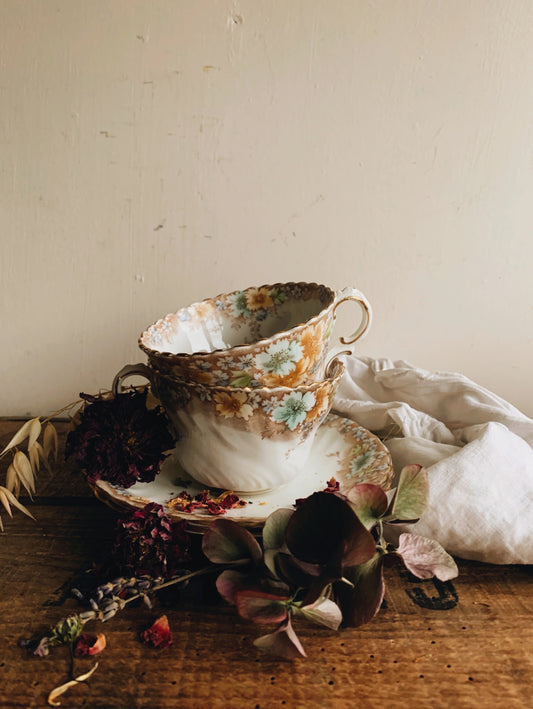 A Set of Four ~ Vintage Bone China / Floral Cup & Saucer