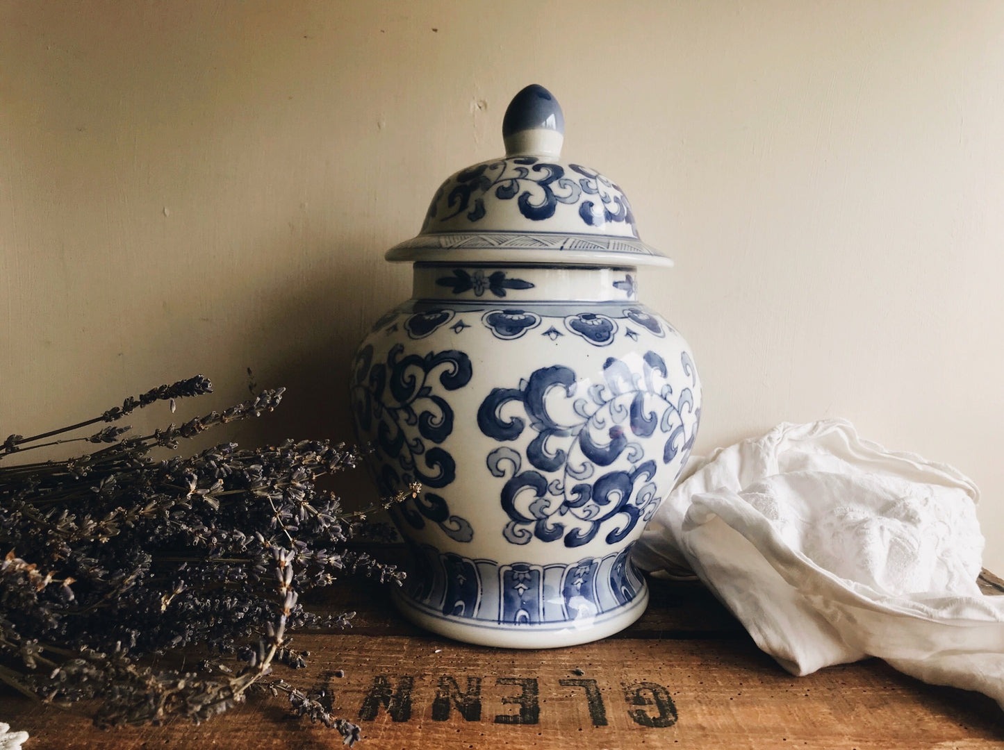 Large Vintage Blue Decorative Ceramic Pot with Lid