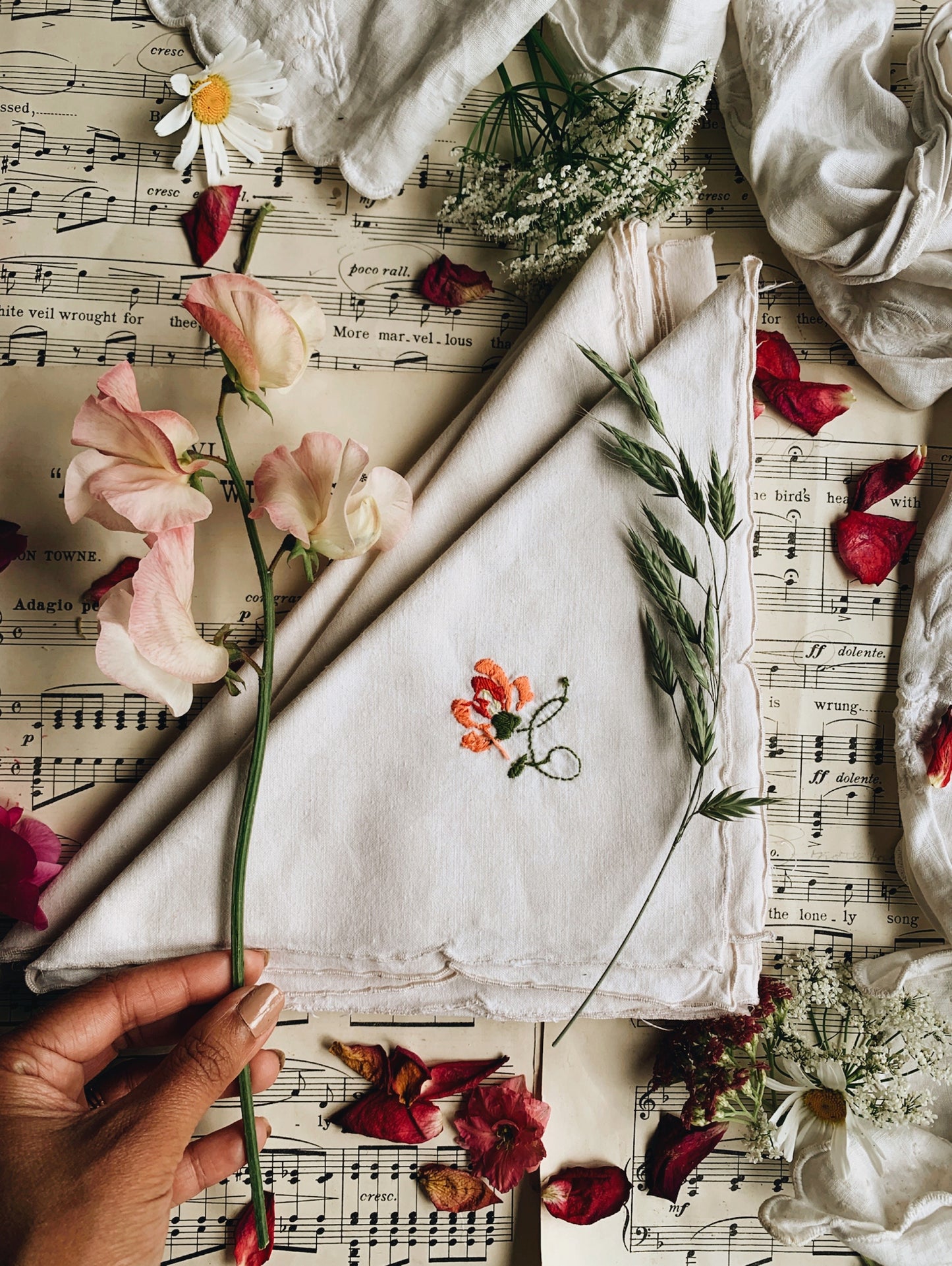Six Vintage French Floral Hand~embroidery Napkins