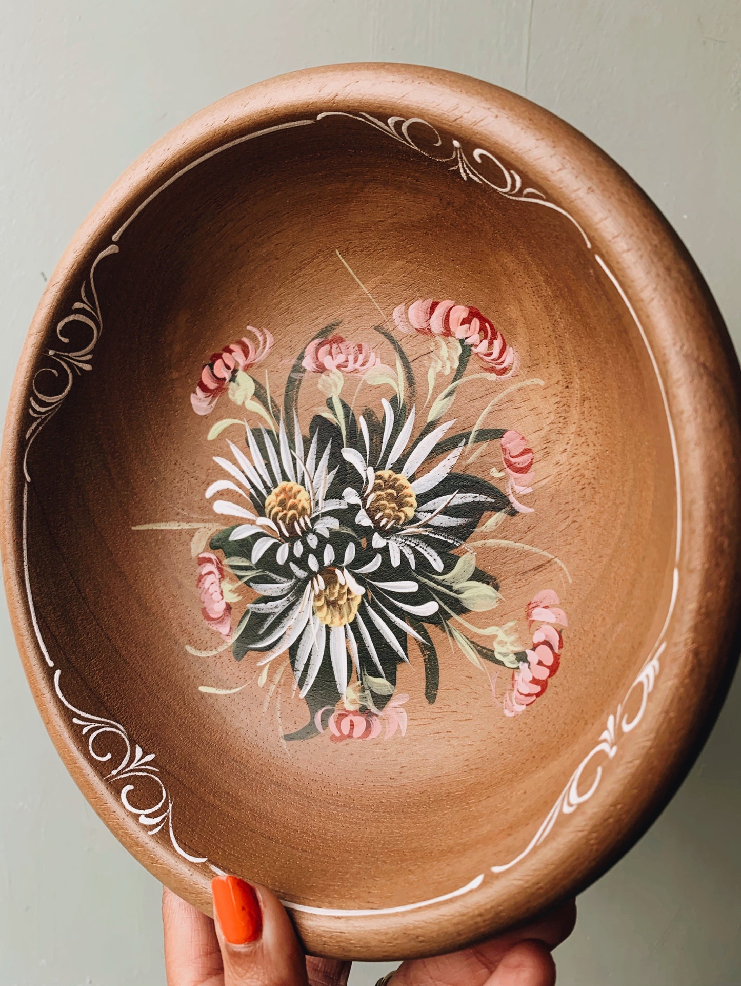 Rustic Hand~painted Floral Wooden Bowl