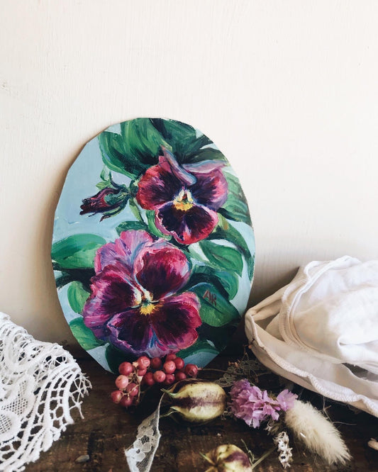 Vintage Signed Oval Pansy Oil Painting