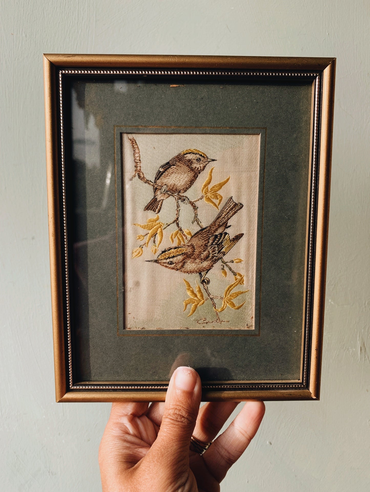 Antique Woven Embroidery Framed ~ Golden Crest