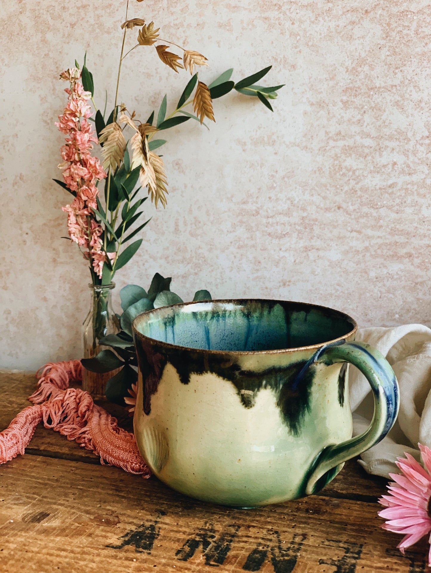 Rustic Hand~thrown Green Blue Drip Glaze