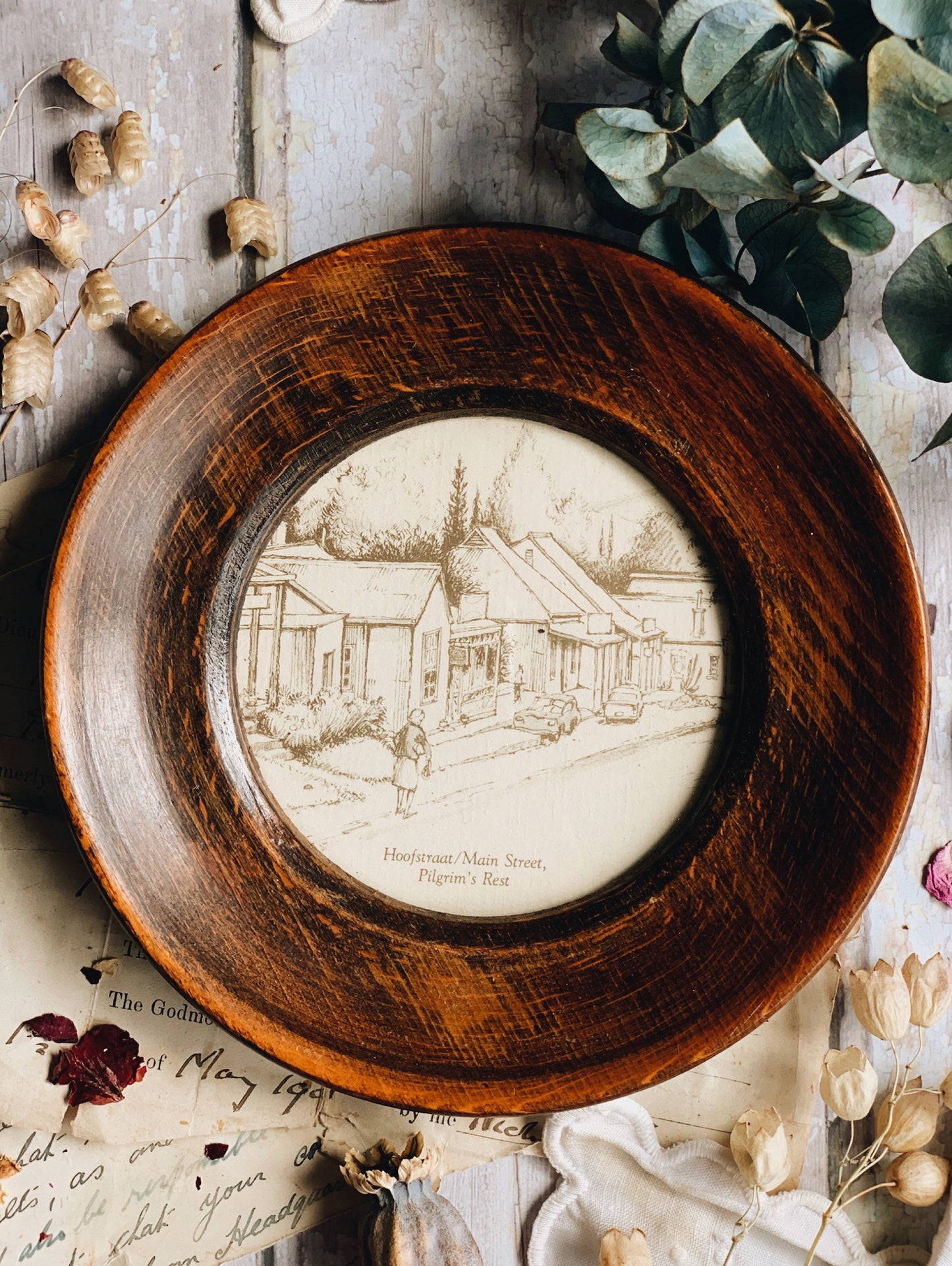 Vintage Hoofstraat / Main Street ~ Pilgrims Rest Illustration Plate Framed
