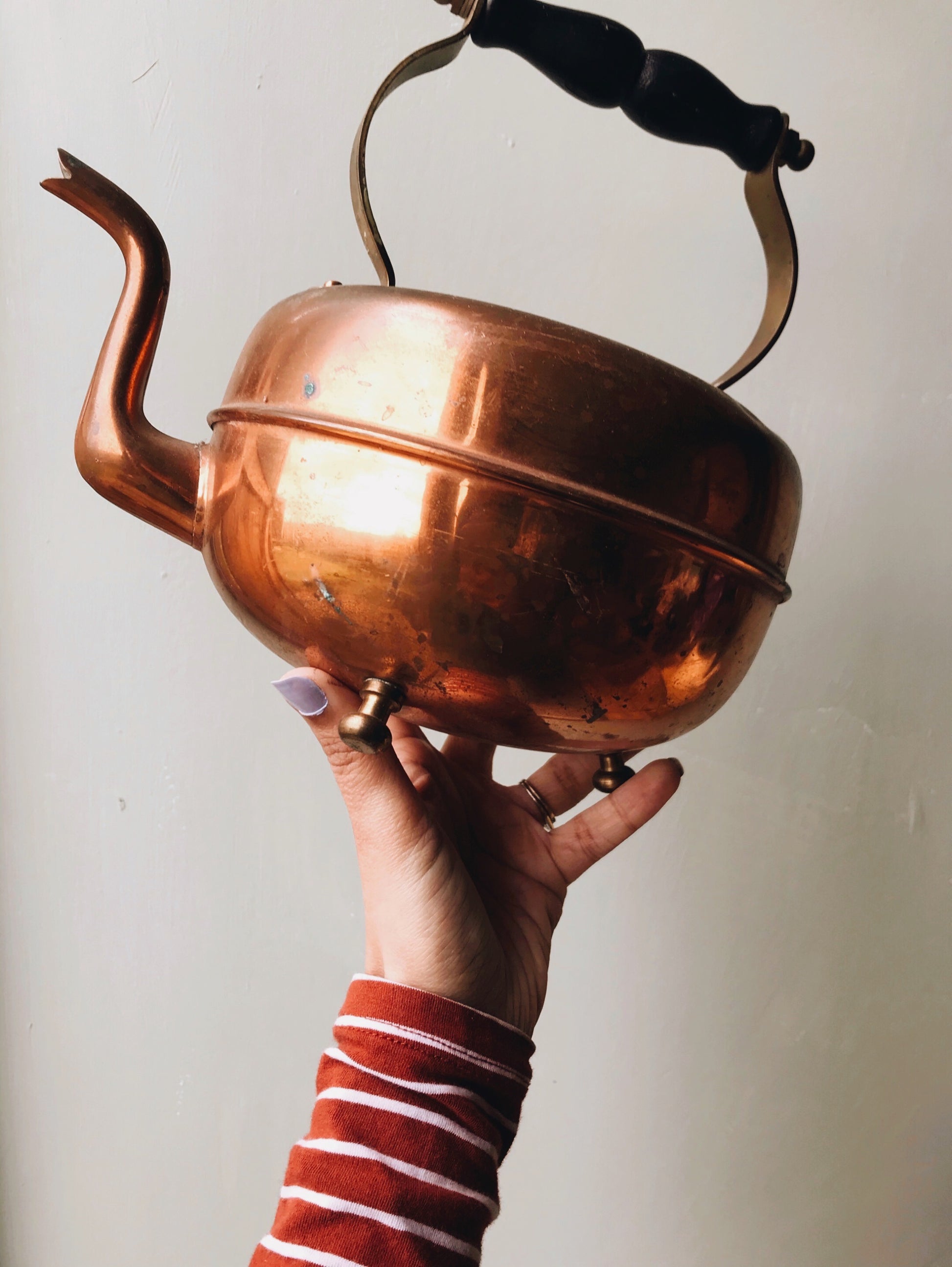 Vintage Copper & Brass Teapot with Wooden Handle (no lid) - Stone & Sage 