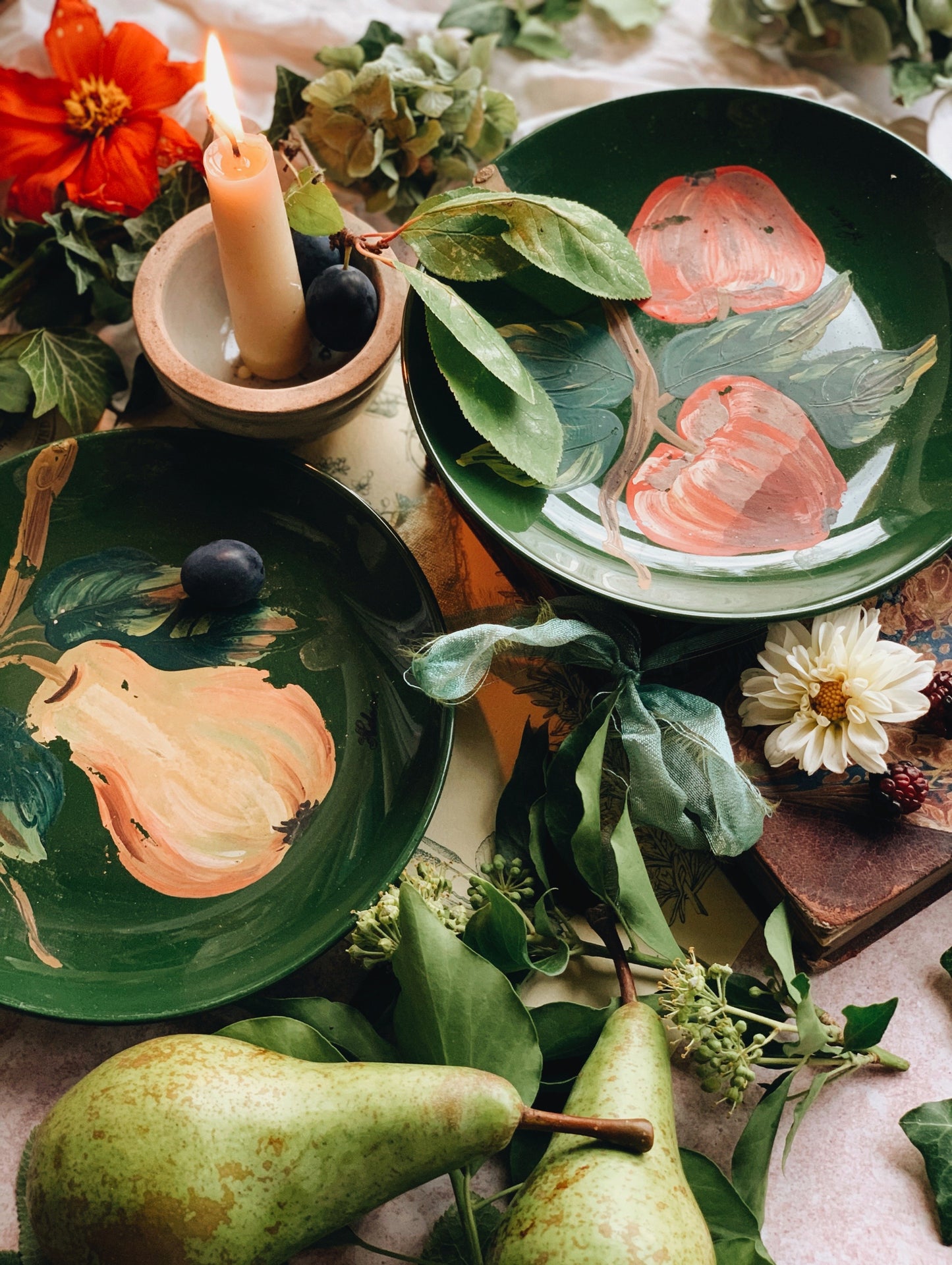 Two Vintage Rustic Hand~painted Apple & Pear Plates