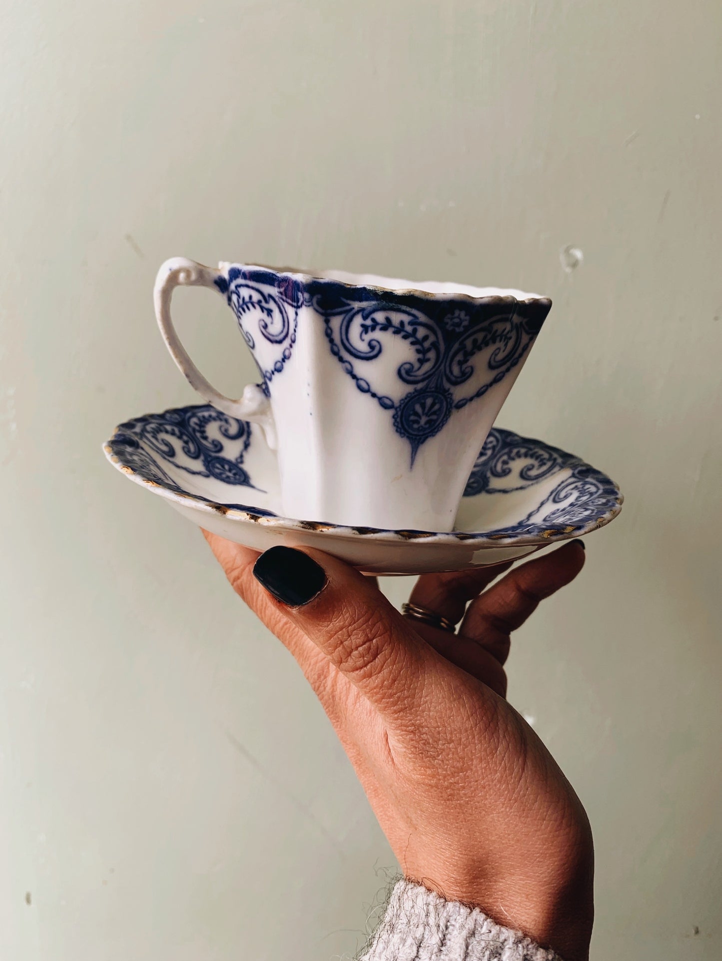 Antique Foley Victorian Blue & White Decorative Cup & Saucer