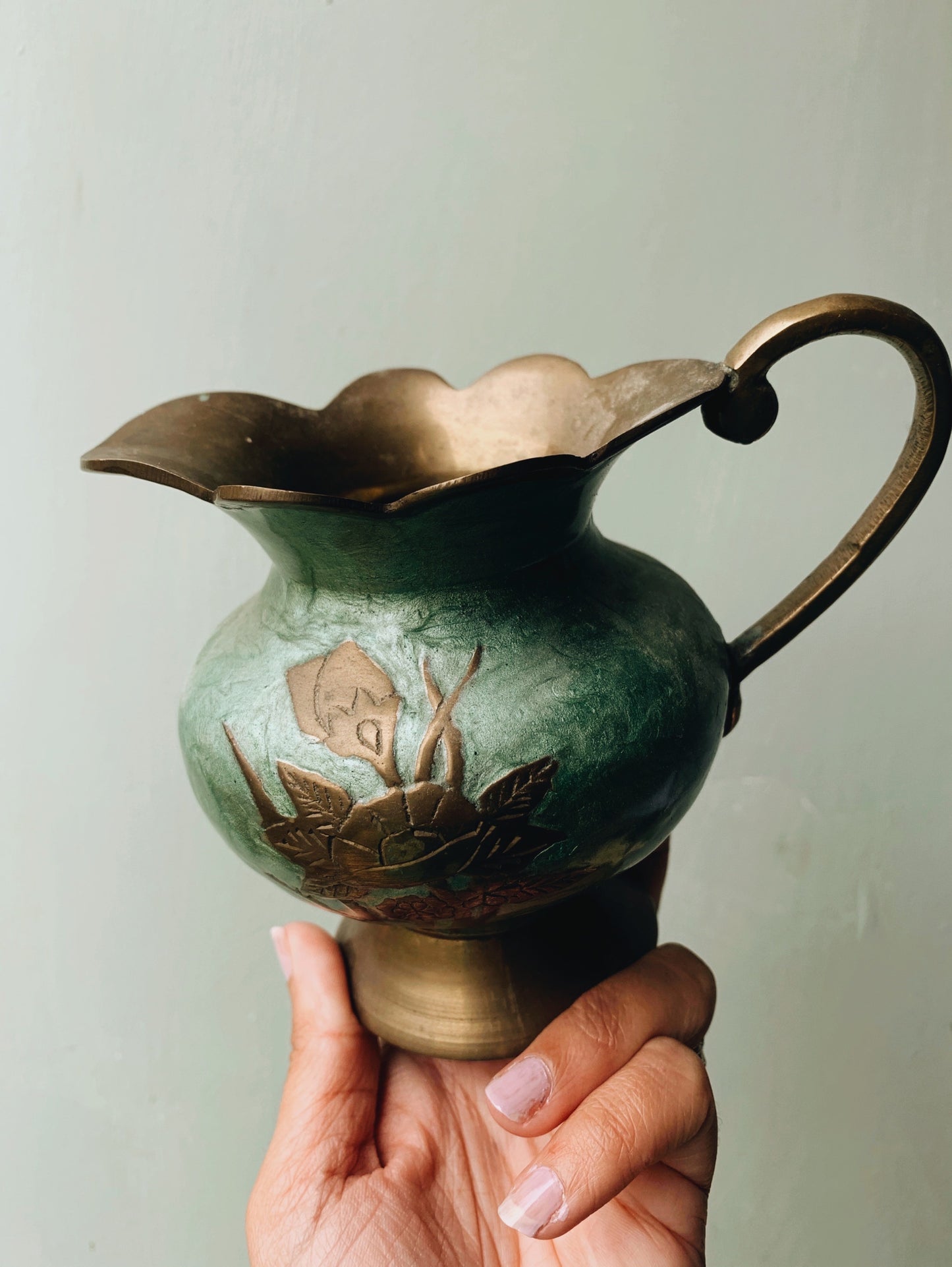 Vintage Floral Brass Emanuel Scalloped Jug / Vase