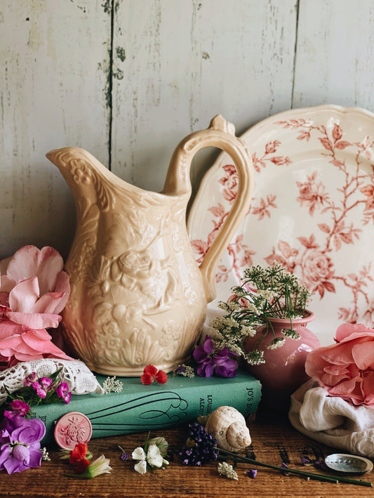 Vintage Hand~thrown Peach Blooms Relief Jug