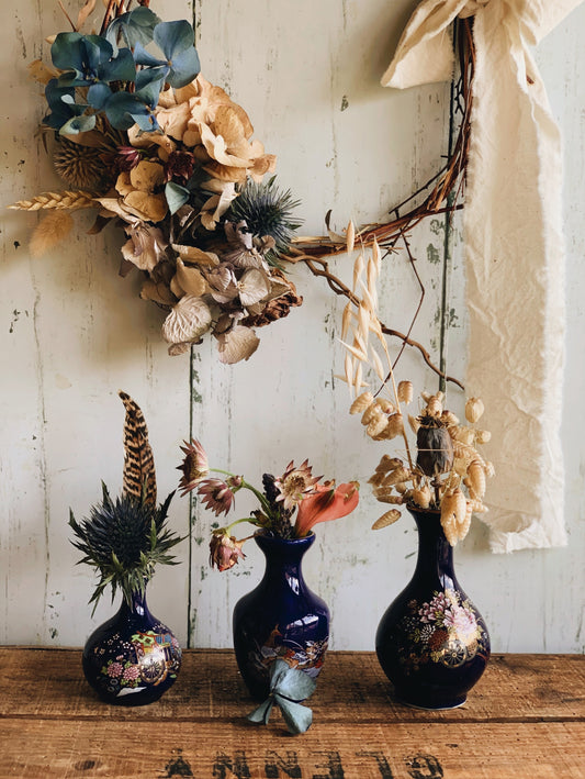 Three Decorative Cobalt Blue Posy Vases