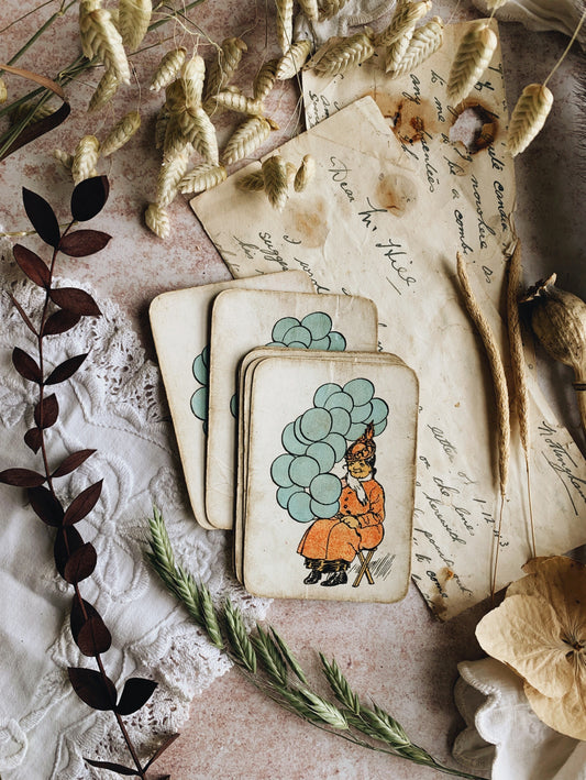 Six Vintage Blue Balloons Lady Snap Cards