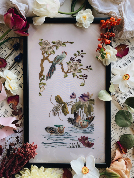 Large Vintage Silk Birds Embroidery Framed (UK SHIPPING)